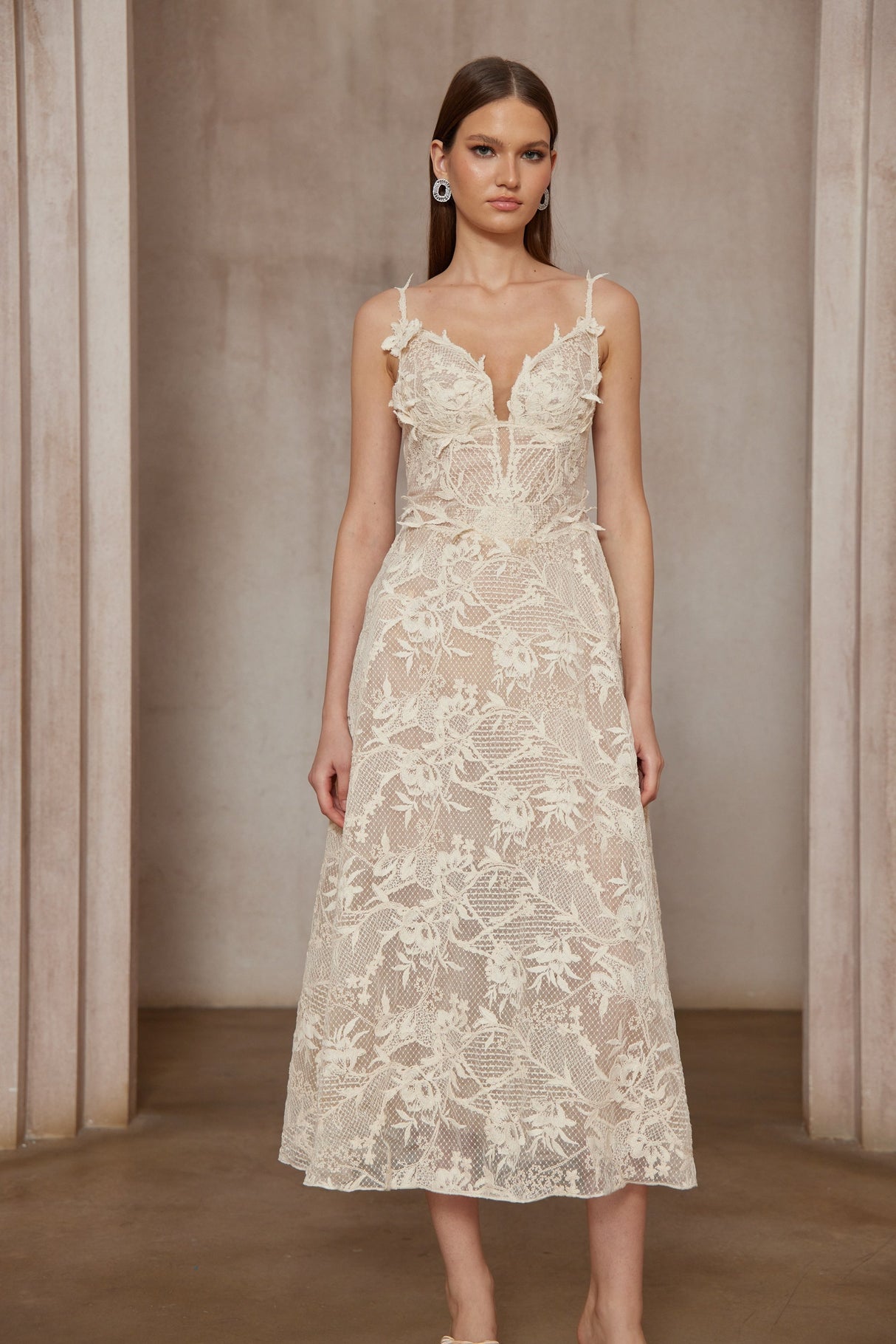 Aurohaya Amber White Sleeveless Floral Lace Midi Dress