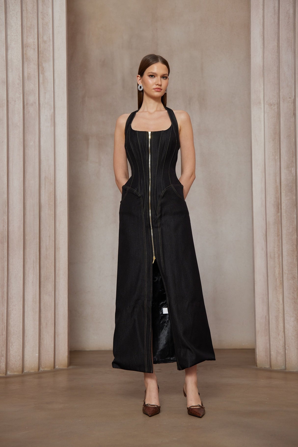 Aurohaya Adrienne black denim front-slit contrast-stitching maxi dress