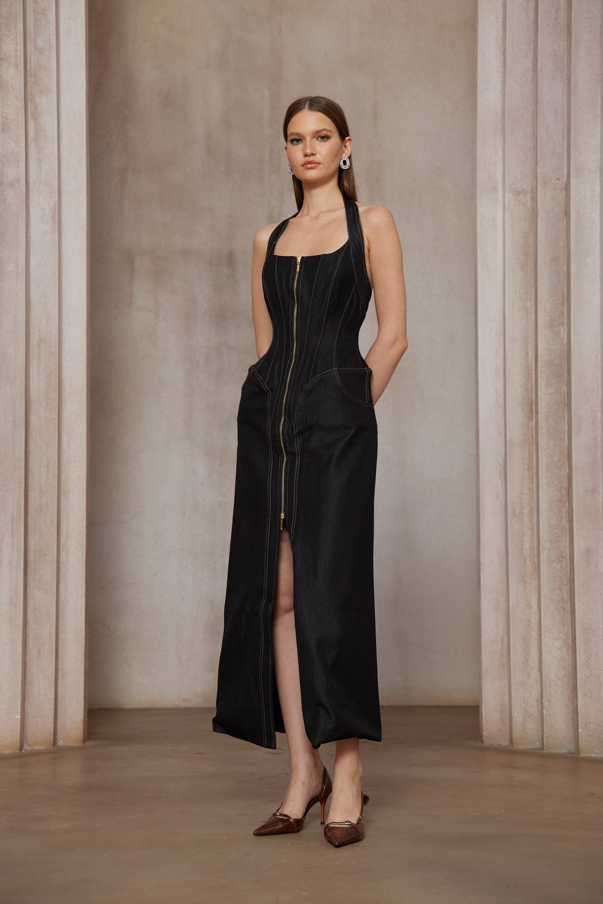 Aurohaya Adrienne black denim front-slit contrast-stitching maxi dress