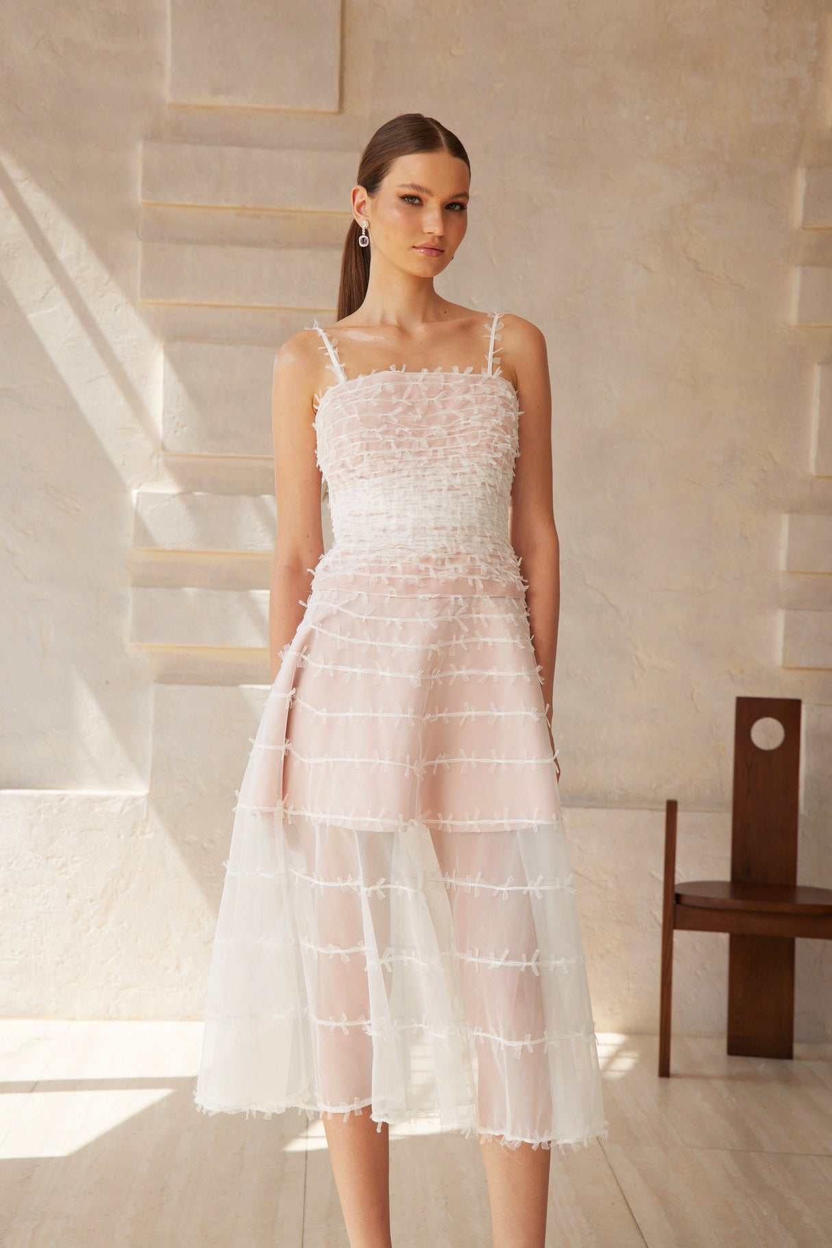 Aurohaya Eléonore White Creased Tulle Midi Dress