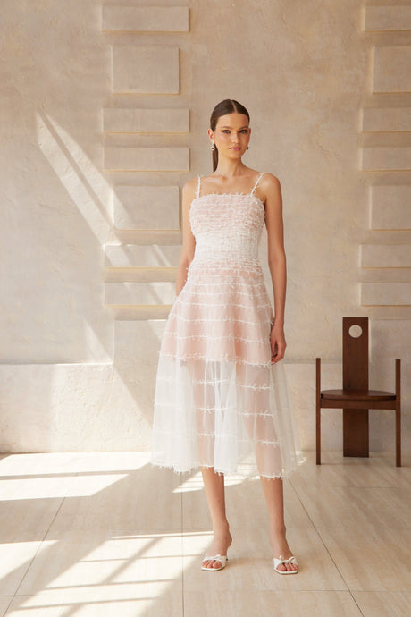 Aurohaya Eléonore White Creased Tulle Midi Dress