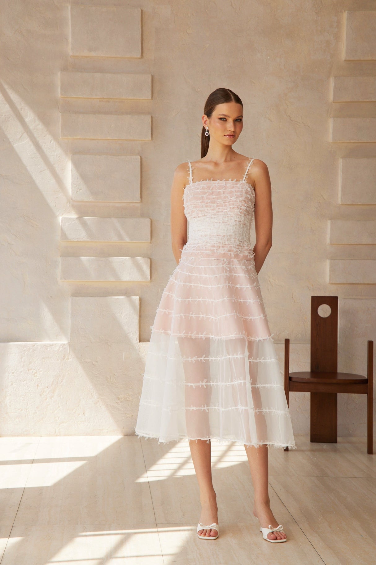 Aurohaya Eléonore White Creased Tulle Midi Dress