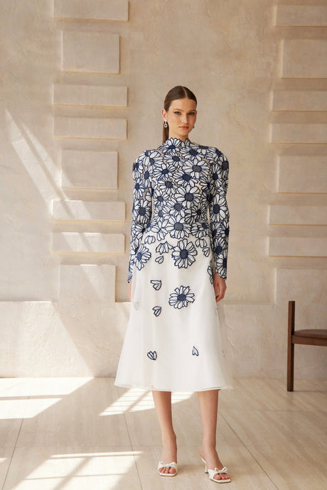 Aurohaya Caméo Blue Floral Embroidered Tulle Midi Dress