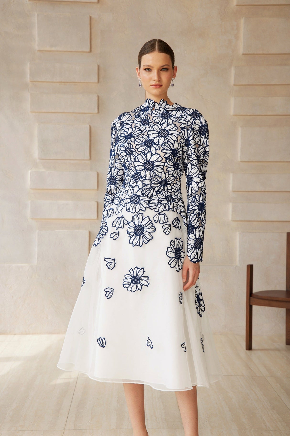 Aurohaya Caméo Blue Floral Embroidered Tulle Midi Dress
