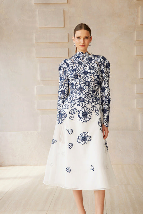 Aurohaya Caméo Blue Floral Embroidered Tulle Midi Dress