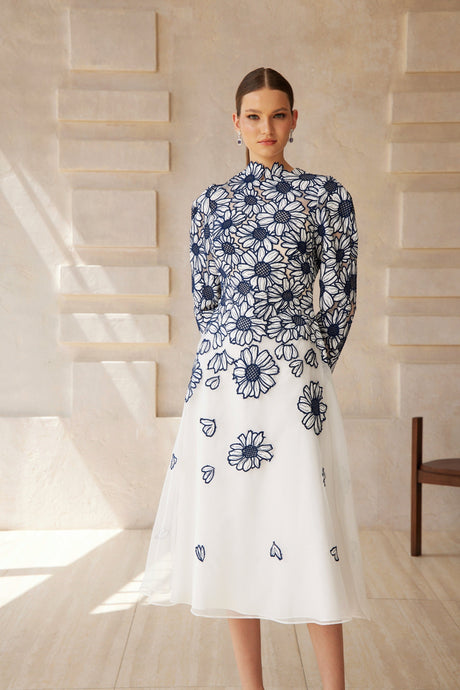 Aurohaya Caméo Blue Floral Embroidered Tulle Midi Dress