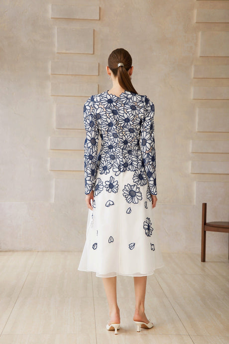 Aurohaya Caméo Blue Floral Embroidered Tulle Midi Dress