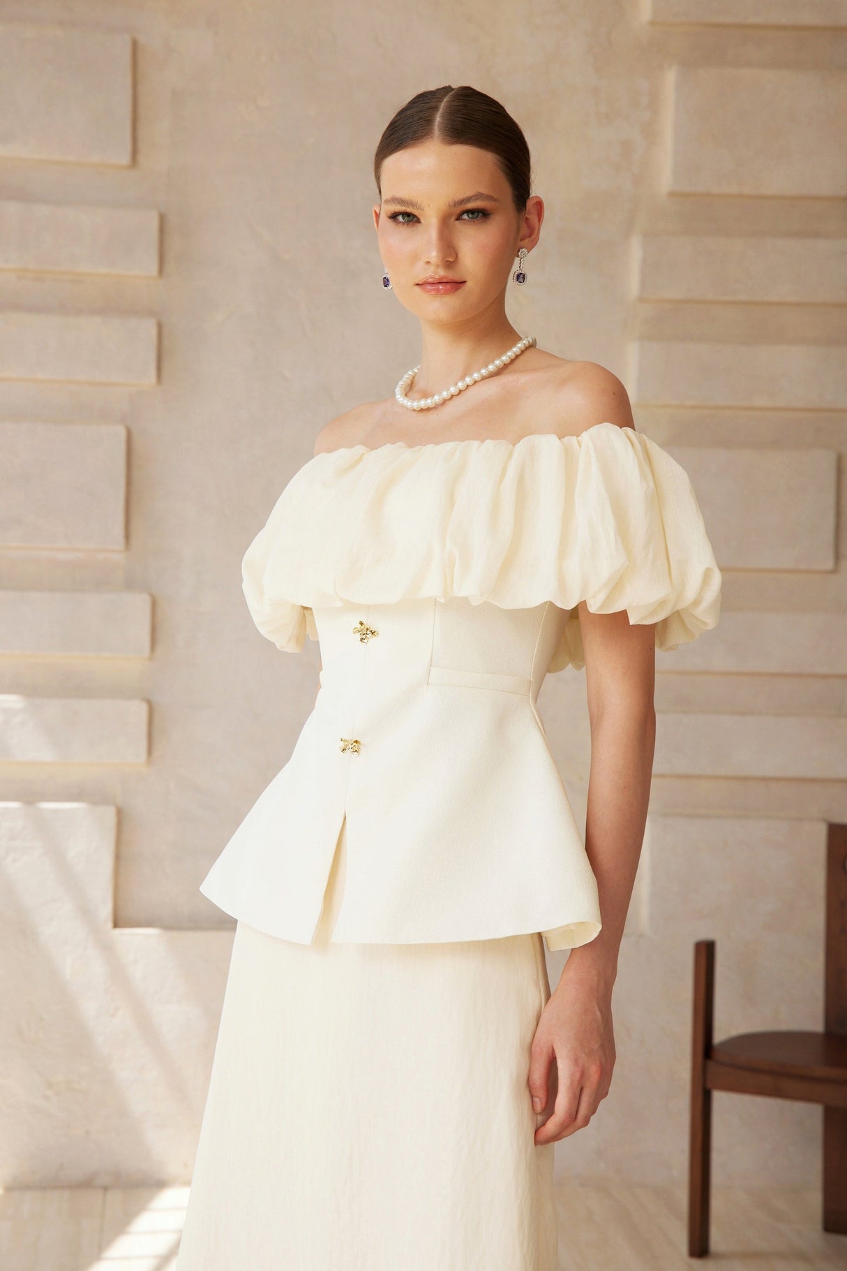 Aurohaya Dianthe White Off Shoulder Shirred Top & Skirt Set