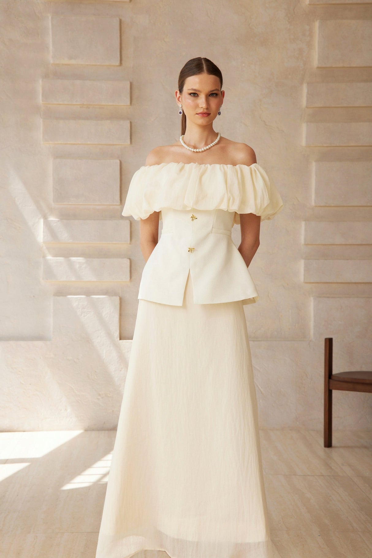 Aurohaya Dianthe White Off Shoulder Shirred Top & Skirt Set