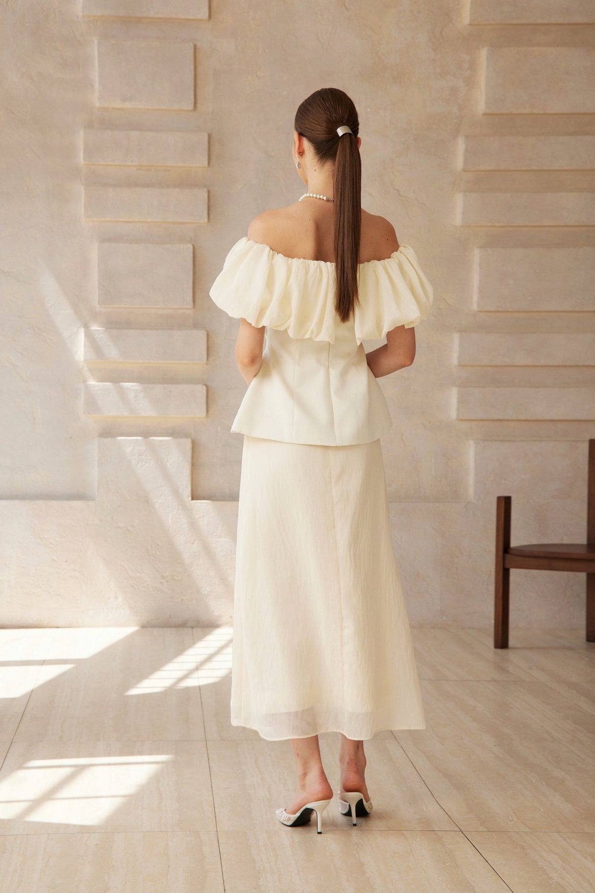 Aurohaya Dianthe White Off Shoulder Shirred Top & Skirt Set