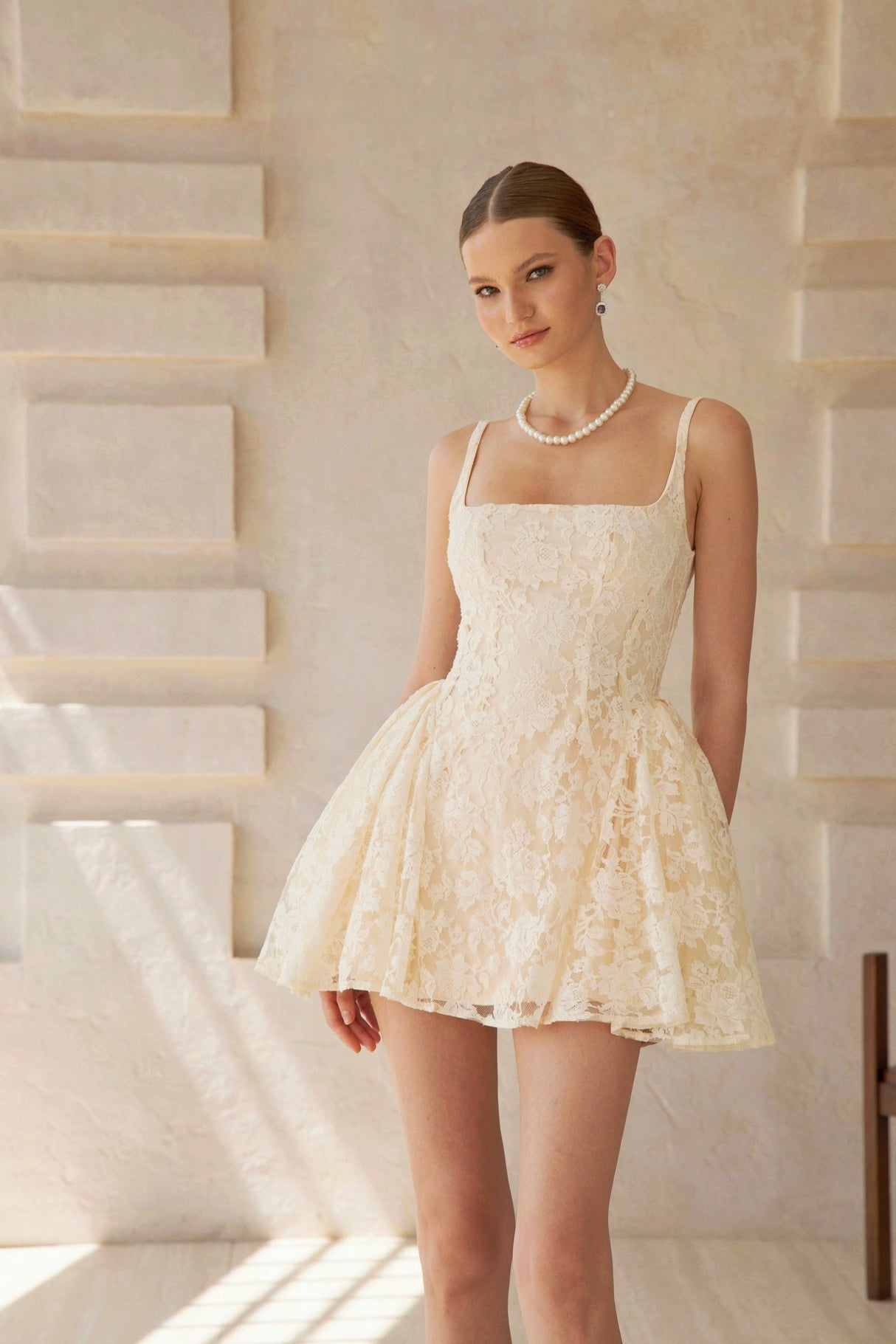 Aurohaya Euphemia Cream White Floral Lace Mini Dress