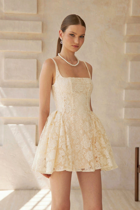 Aurohaya Euphemia Cream White Floral Lace Mini Dress