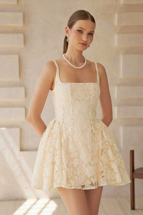 Aurohaya Euphemia Cream White Floral Lace Mini Dress