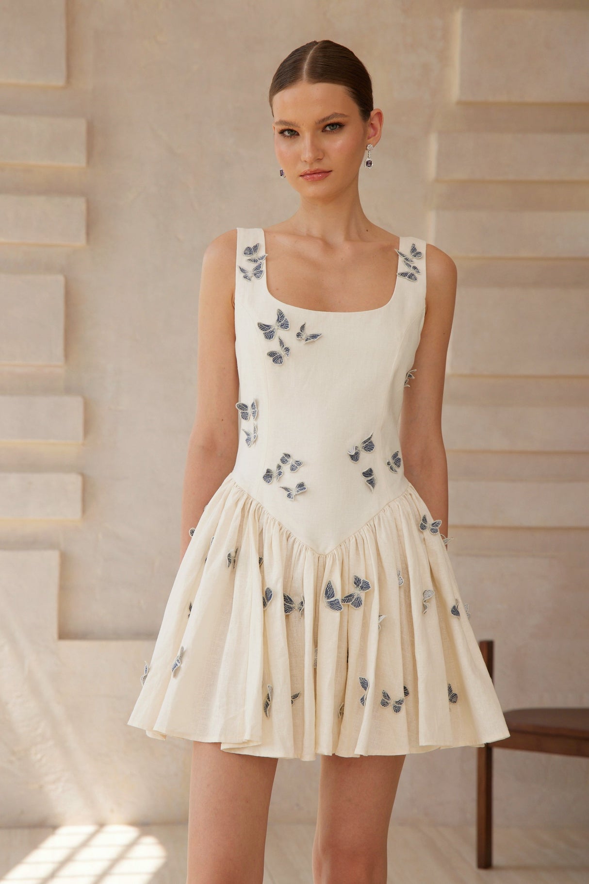 Aurohaya Ophélie White Butterfly Embroidered Mini Dress