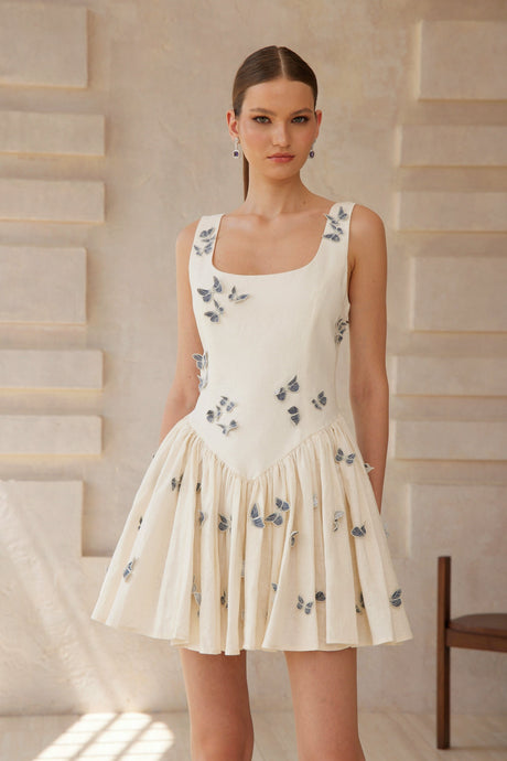 Aurohaya Ophélie White Butterfly Embroidered Mini Dress