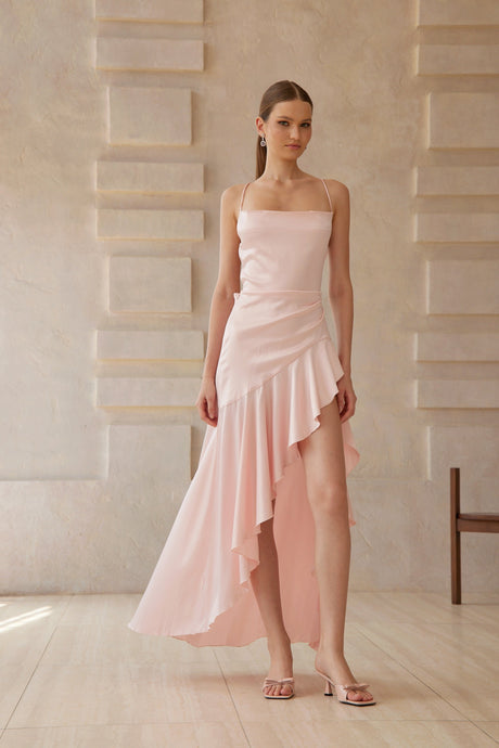 Aurohaya Léna Pink Asymmetrical Satin Midi Dress