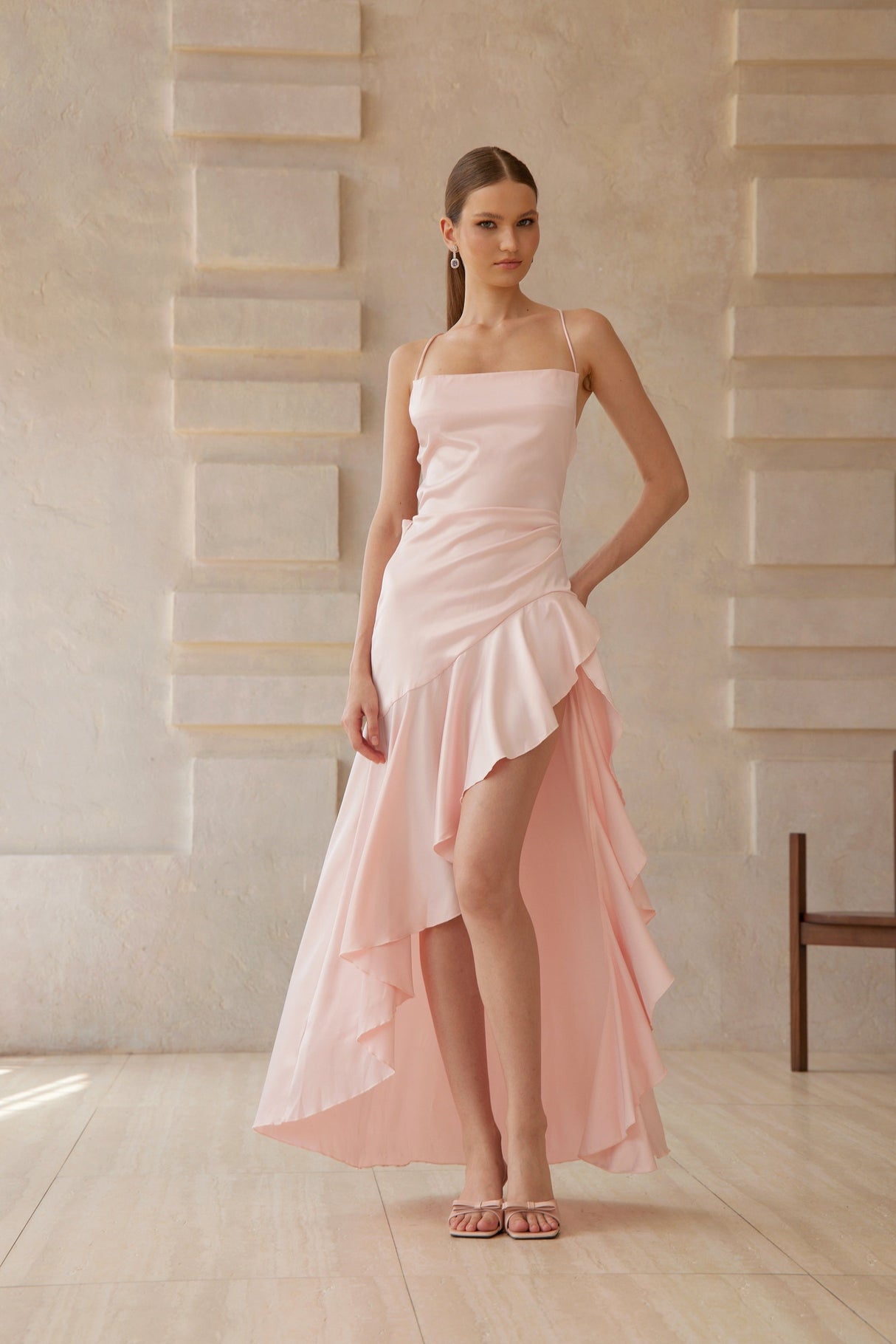 Aurohaya Léna Pink Asymmetrical Satin Midi Dress