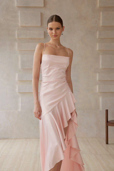 Aurohaya Léna Pink Asymmetrical Satin Midi Dress