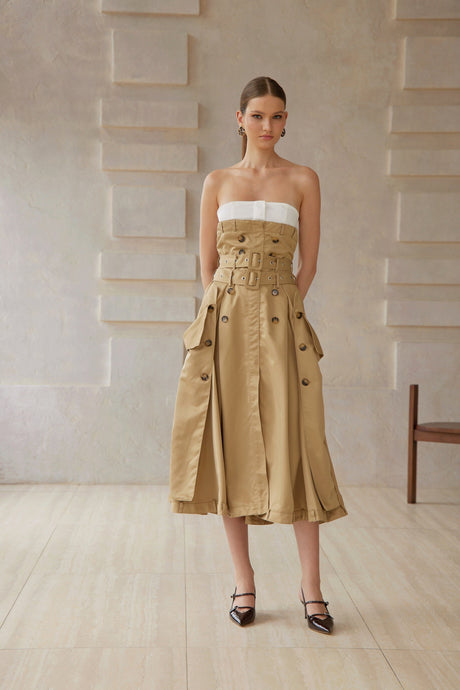 Aurohaya Alba Khaki Trench Style Midi Dress
