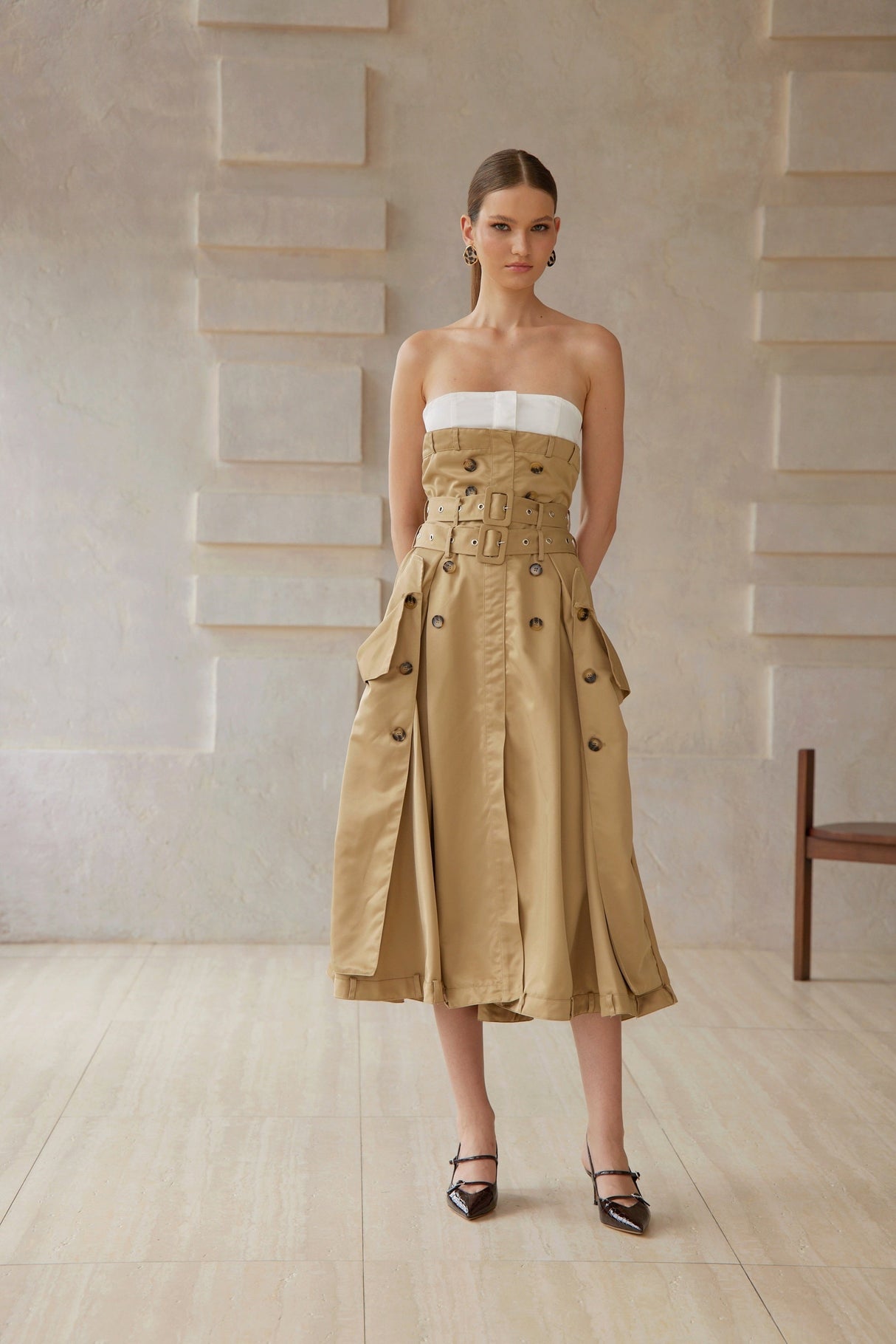 Aurohaya Alba Khaki Trench Style Midi Dress