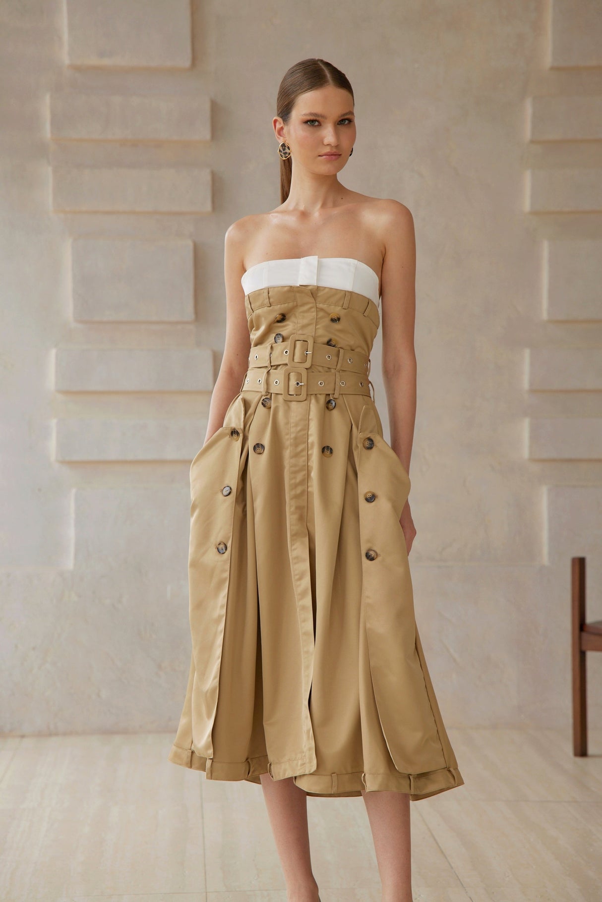 Aurohaya Alba Khaki Trench Style Midi Dress