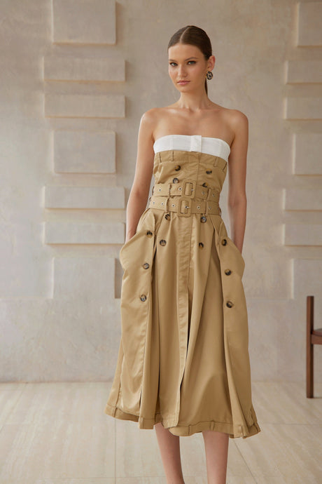 Aurohaya Alba Khaki Trench Style Midi Dress