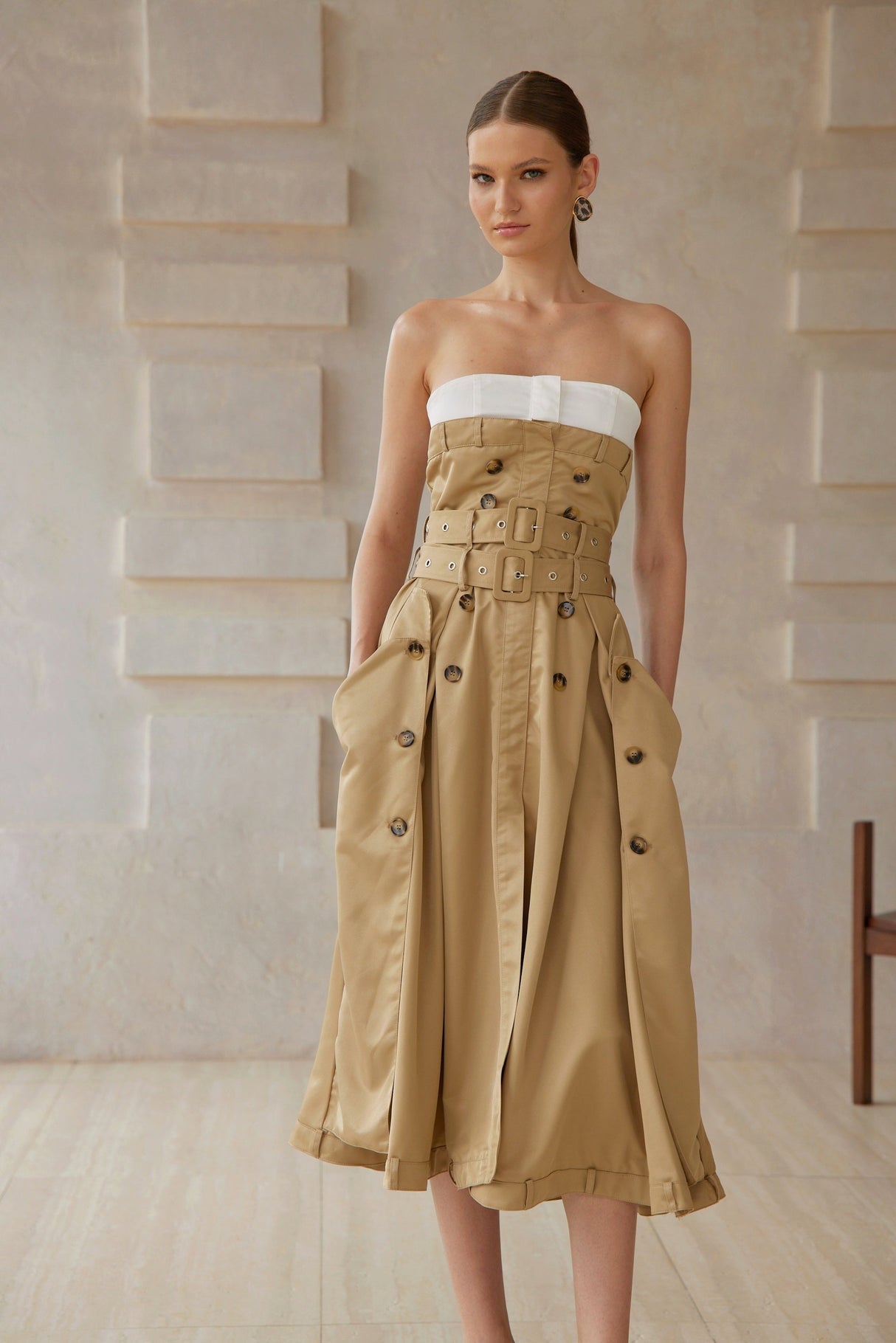 Aurohaya Alba Khaki Trench Style Midi Dress
