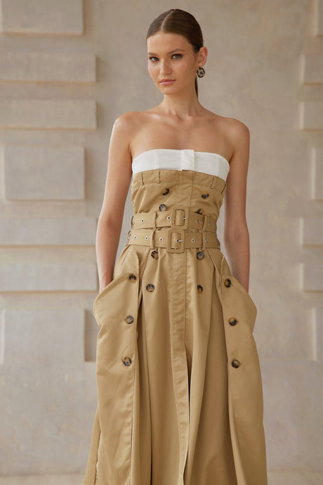Aurohaya Alba Khaki Trench Style Midi Dress
