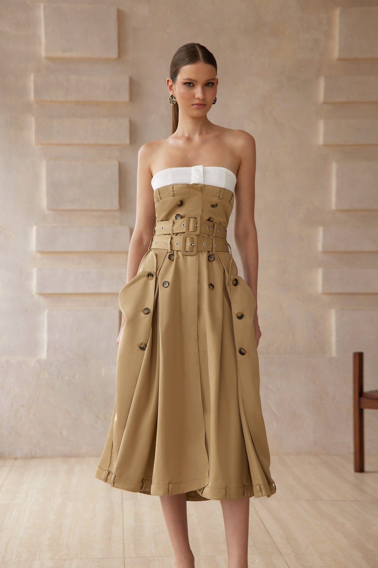Aurohaya Alba Khaki Trench Style Midi Dress