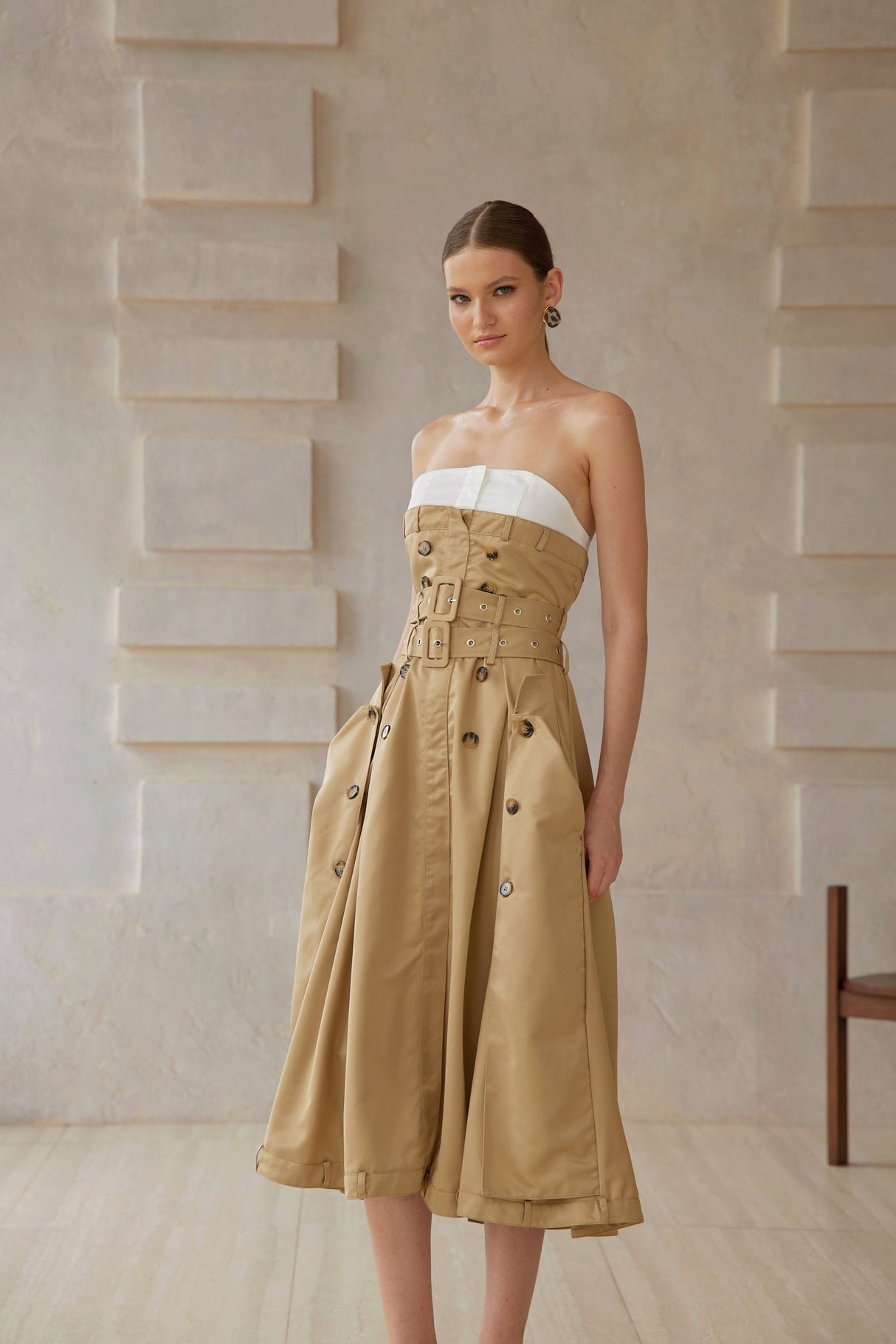 Aurohaya Alba Khaki Trench Style Midi Dress