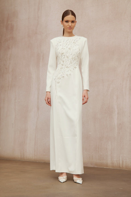 Aurohaya Calliopée White Leaf Appliqué Embellished Maxi Gown