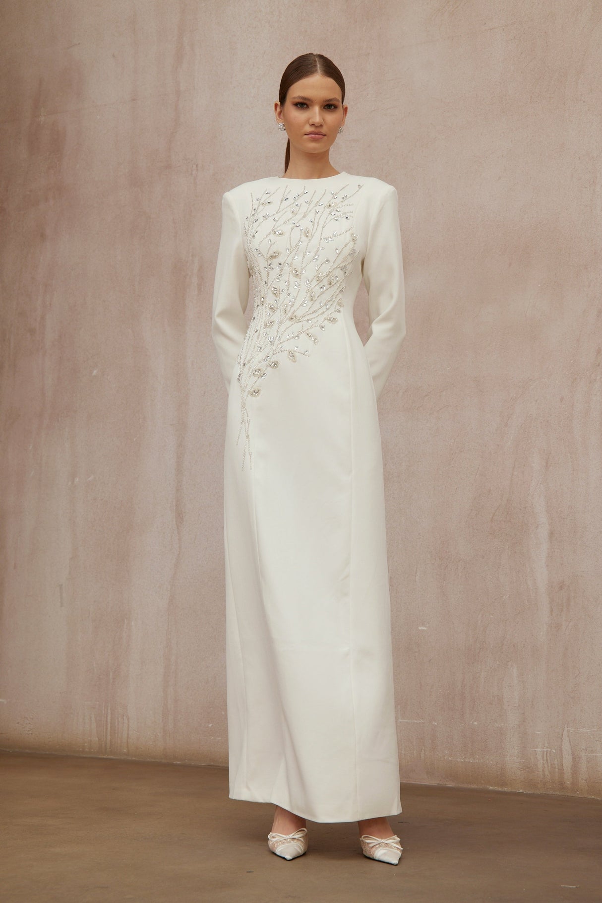 Aurohaya Calliopée White Leaf Appliqué Embellished Maxi Gown