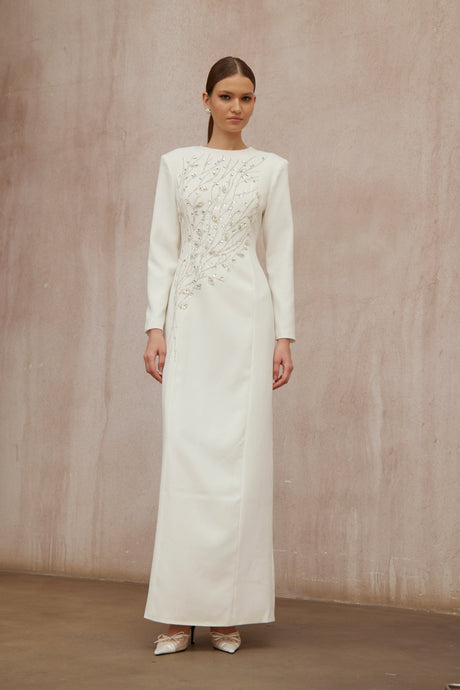 Aurohaya Calliopée White Leaf Appliqué Embellished Maxi Gown