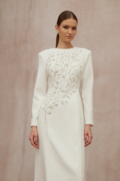 Aurohaya Calliopée White Leaf Appliqué Embellished Maxi Gown