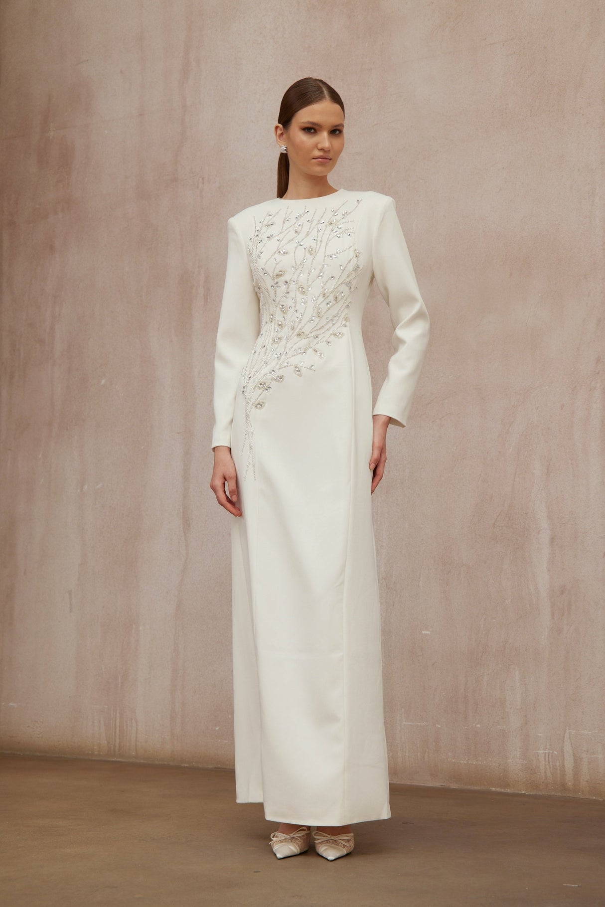 Aurohaya Calliopée White Leaf Appliqué Embellished Maxi Gown