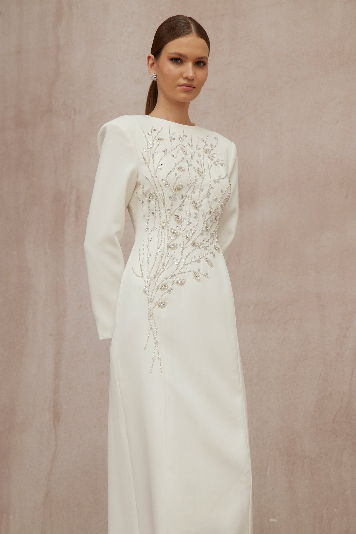 Aurohaya Calliopée White Leaf Appliqué Embellished Maxi Gown