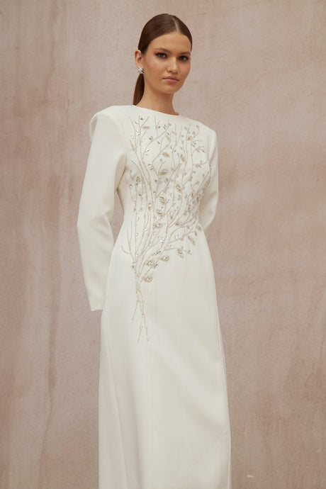Aurohaya Calliopée White Leaf Appliqué Embellished Maxi Gown