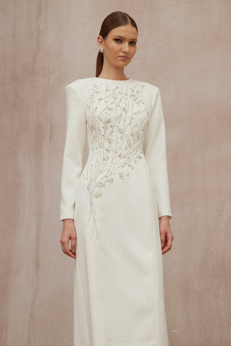 Aurohaya Calliopée White Leaf Appliqué Embellished Maxi Gown