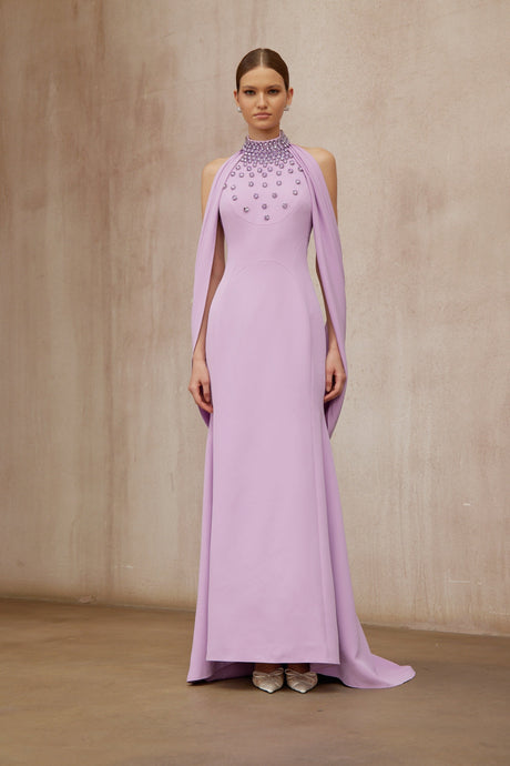 Aurohaya Cerise Purple Shawl Embellished Maxi Dress