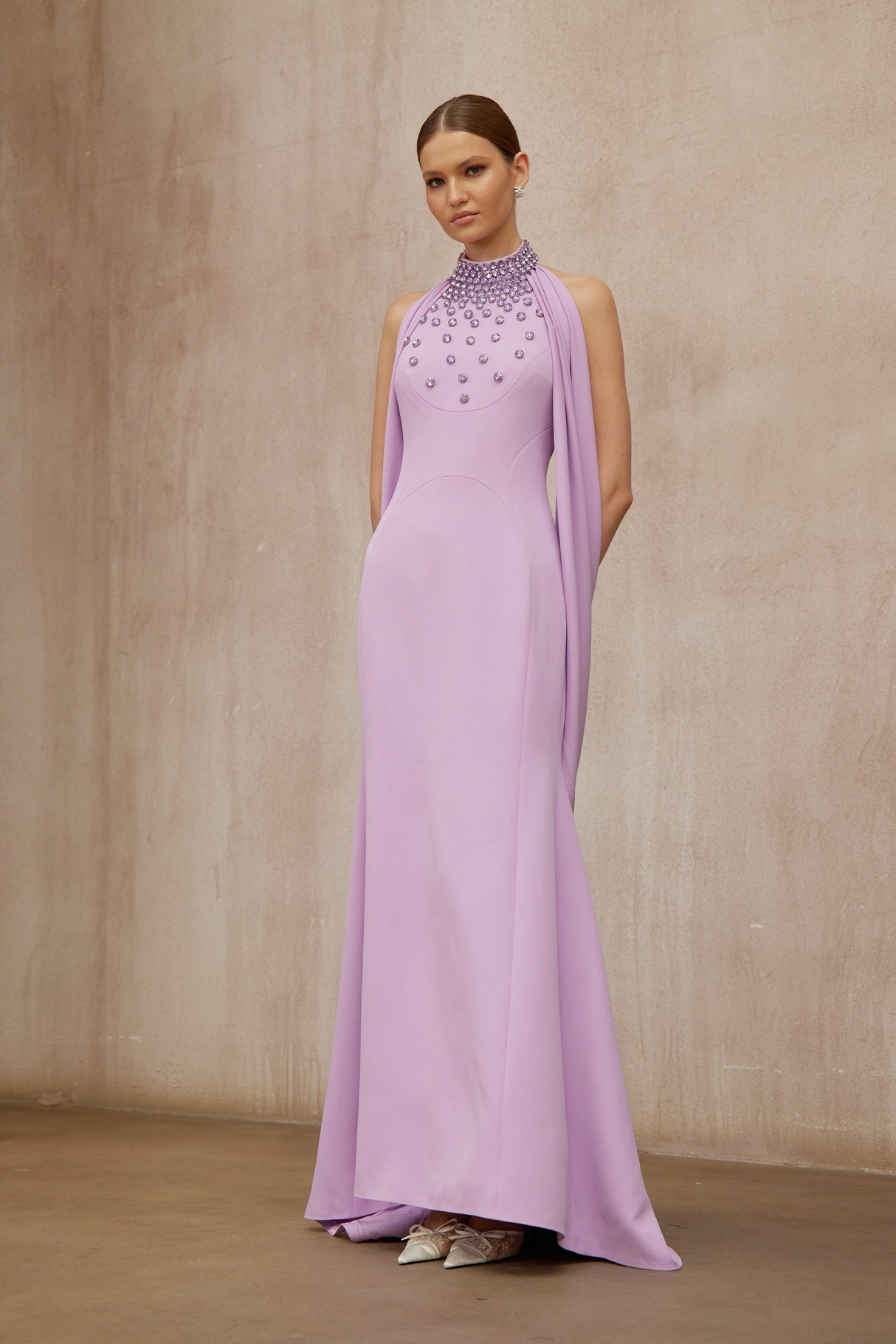 Aurohaya Cerise Purple Shawl Embellished Maxi Dress