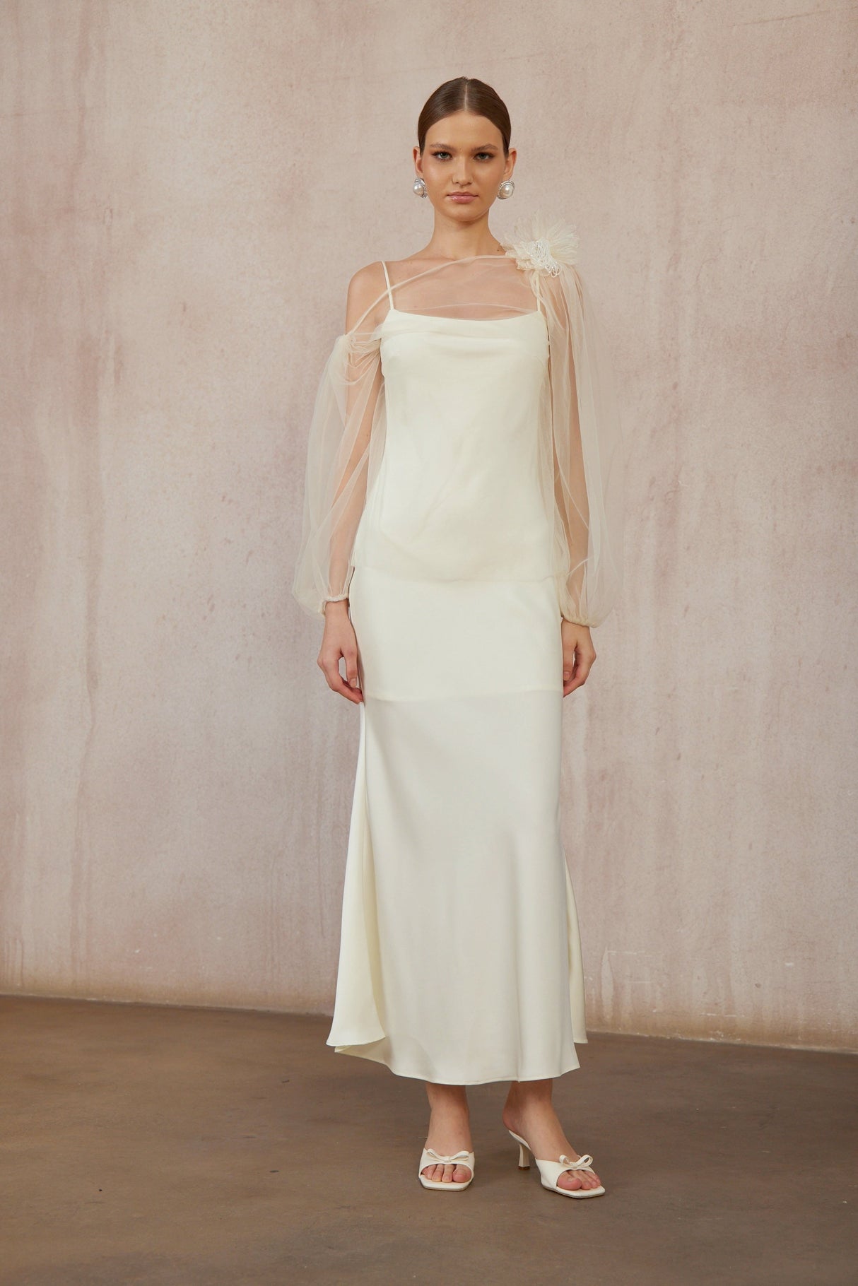 Aurohaya Héloïse White Floral Tulle Blouse & Satin Dress Set