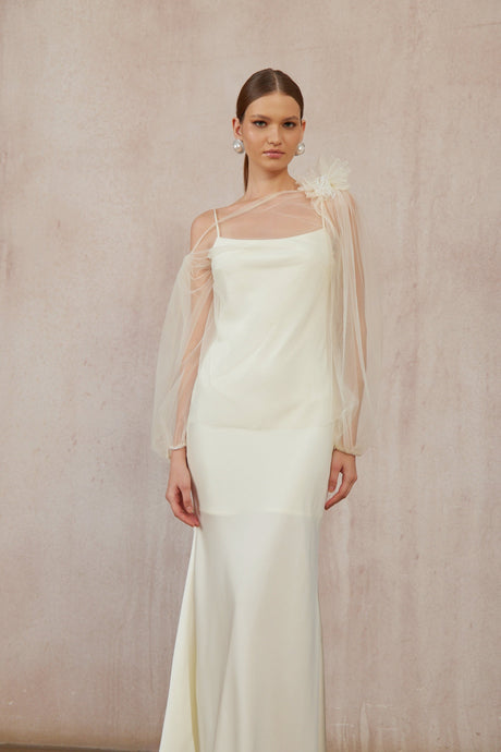 Aurohaya Héloïse White Floral Tulle Blouse & Satin Dress Set