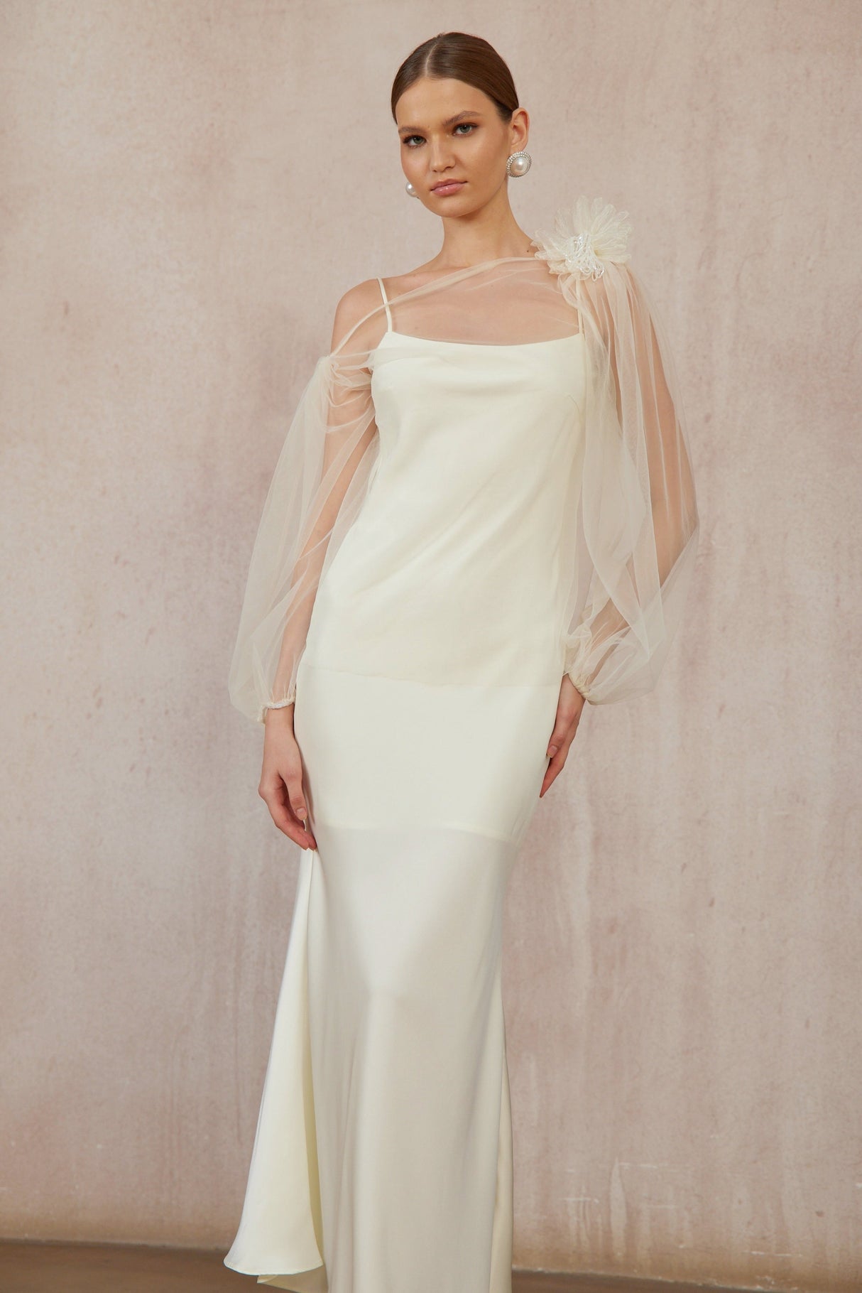 Aurohaya Héloïse White Floral Tulle Blouse & Satin Dress Set