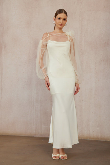 Aurohaya Héloïse White Floral Tulle Blouse & Satin Dress Set