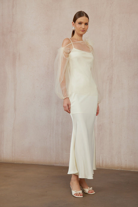 Aurohaya Héloïse White Floral Tulle Blouse & Satin Dress Set