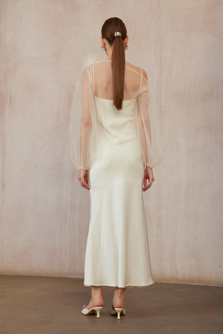 Aurohaya Héloïse White Floral Tulle Blouse & Satin Dress Set
