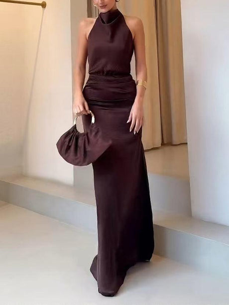 Aurohaya Elegant Holders Corner Satin Pleated Maxi Dress