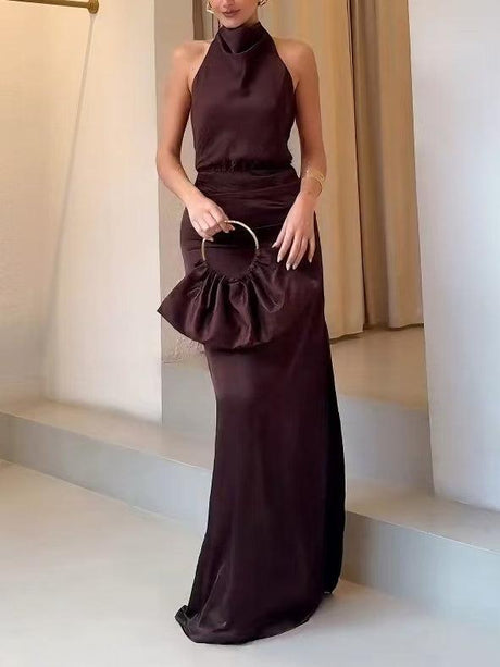 Aurohaya Elegant Holders Corner Satin Pleated Maxi Dress Brown
