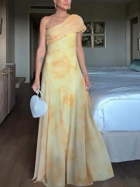 Aurohaya Tie-Dye Mesh Print One-Shoulder Sleeve Maxi Dress