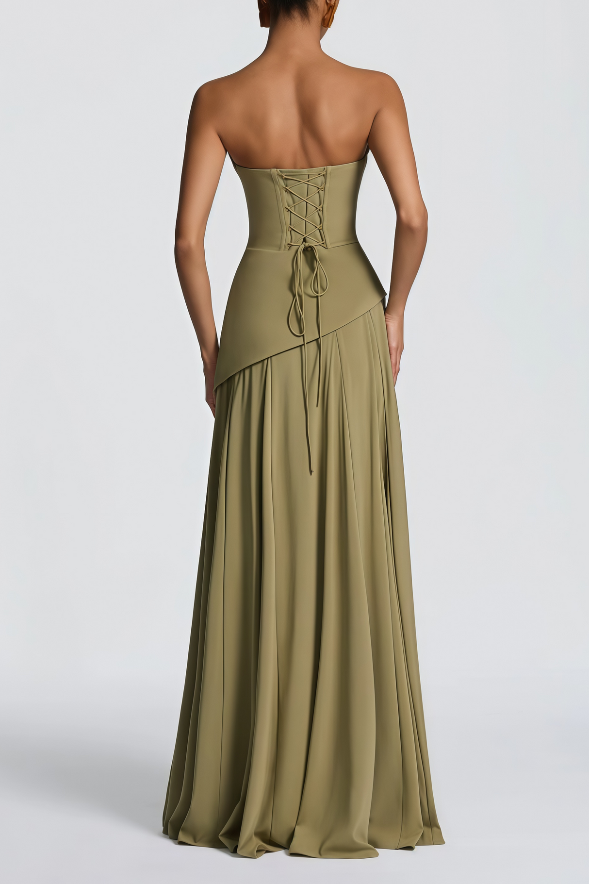 Aurohaya Romane Green Strapless Corset Chiffon Maxi Dress